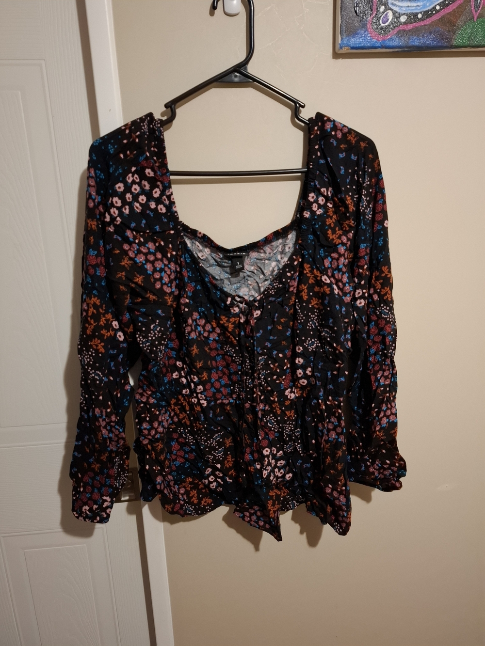 torrid Black Floral Peasant Top with Pink & Orange Accents